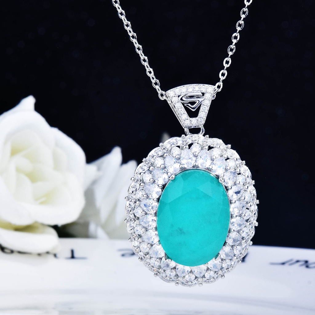 Goldkingdom Fashion Perhiasan Aksesoris Ready Stock Mewah Full Berlian Vintage Kalung Danau Biru Paraiba Berbentuk Telur Karat Besar Tourmaline Pendant