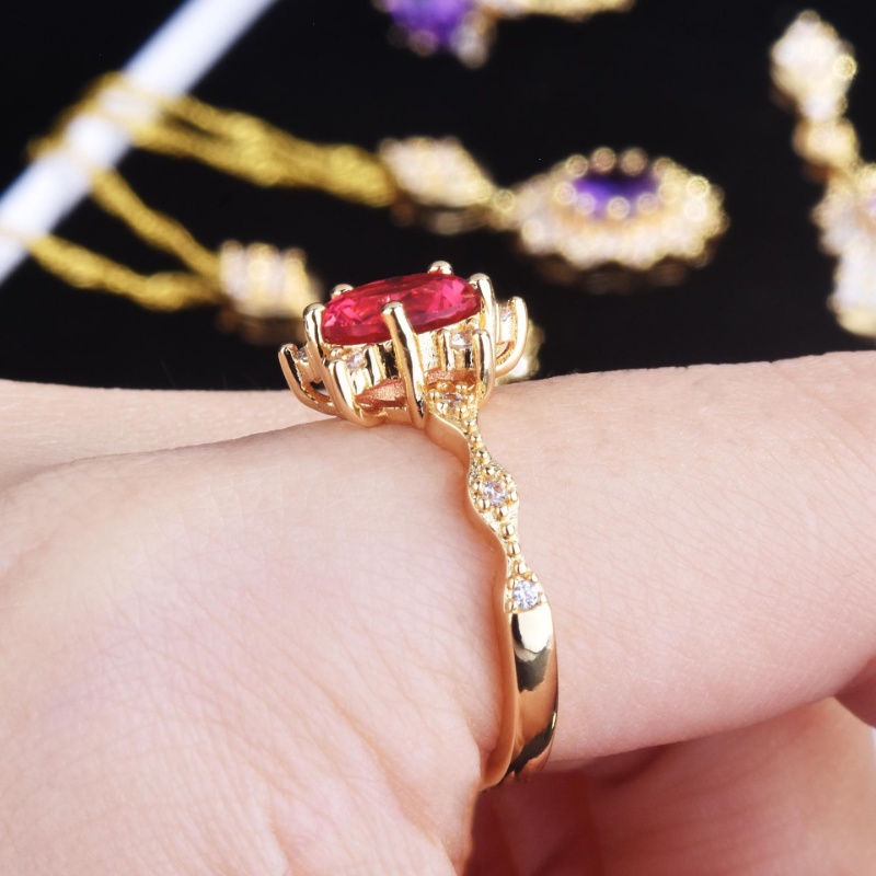 Goldkingdom Fashion Perhiasan Aksesoris Ready Stock Delima Merah Cincin Liontin Telinga Stud Set Berlapis Emas Api Warna Meledak Berkilau Amethyst Kalung