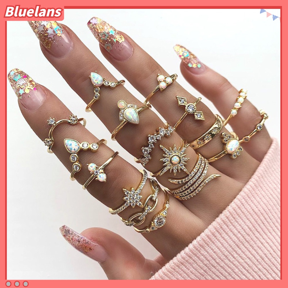 {In Stock} 17Pcs/Set Bohemian Wanita Berlian Imitasi Hias Bunga Jari Cincin Pesta Perhiasan Hadiah