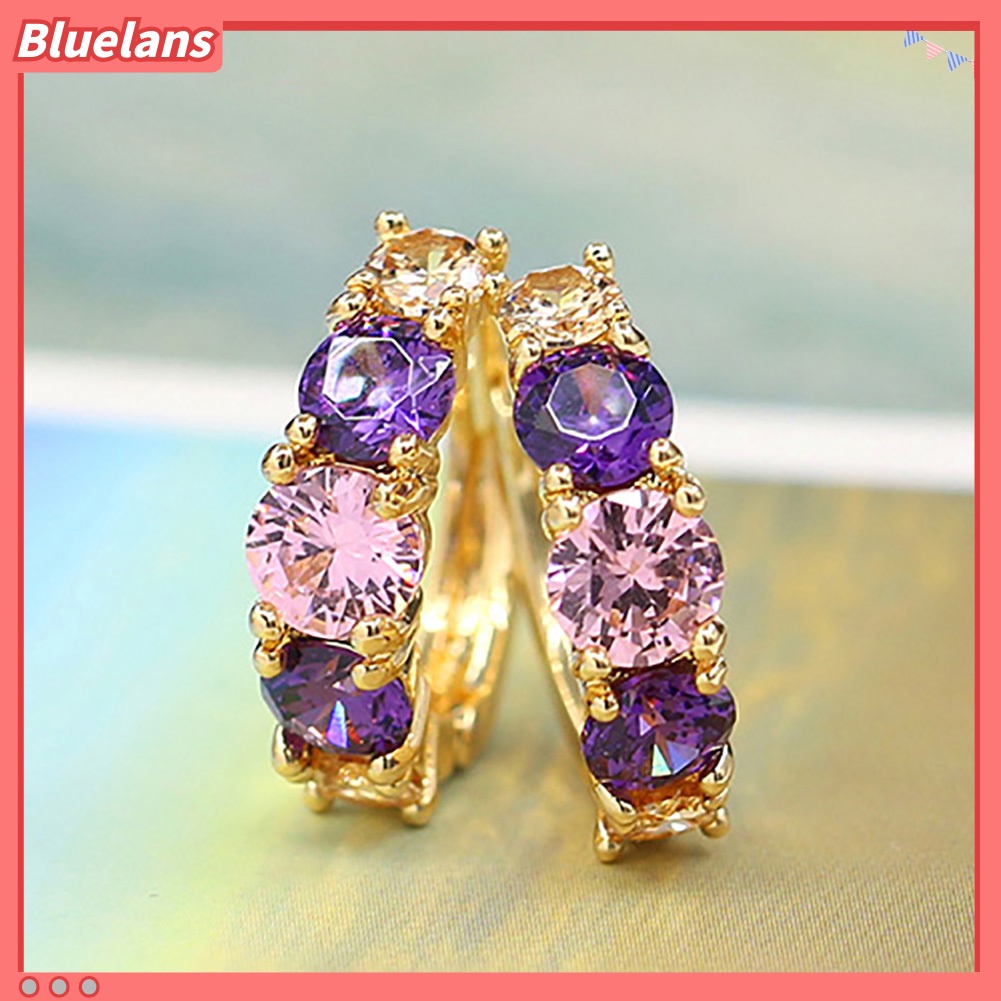 {In Stock} Wanita Fashion Berlapis Emas 9K Ungu Zirkon Eardrop Huggie Anting Perhiasan Hadiah