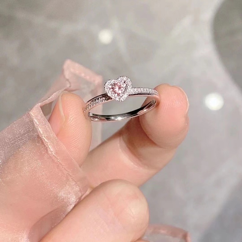 Wanita Fashion Merah Muda Jantung Cincin Zirkon Berlian Imitasi Cincin