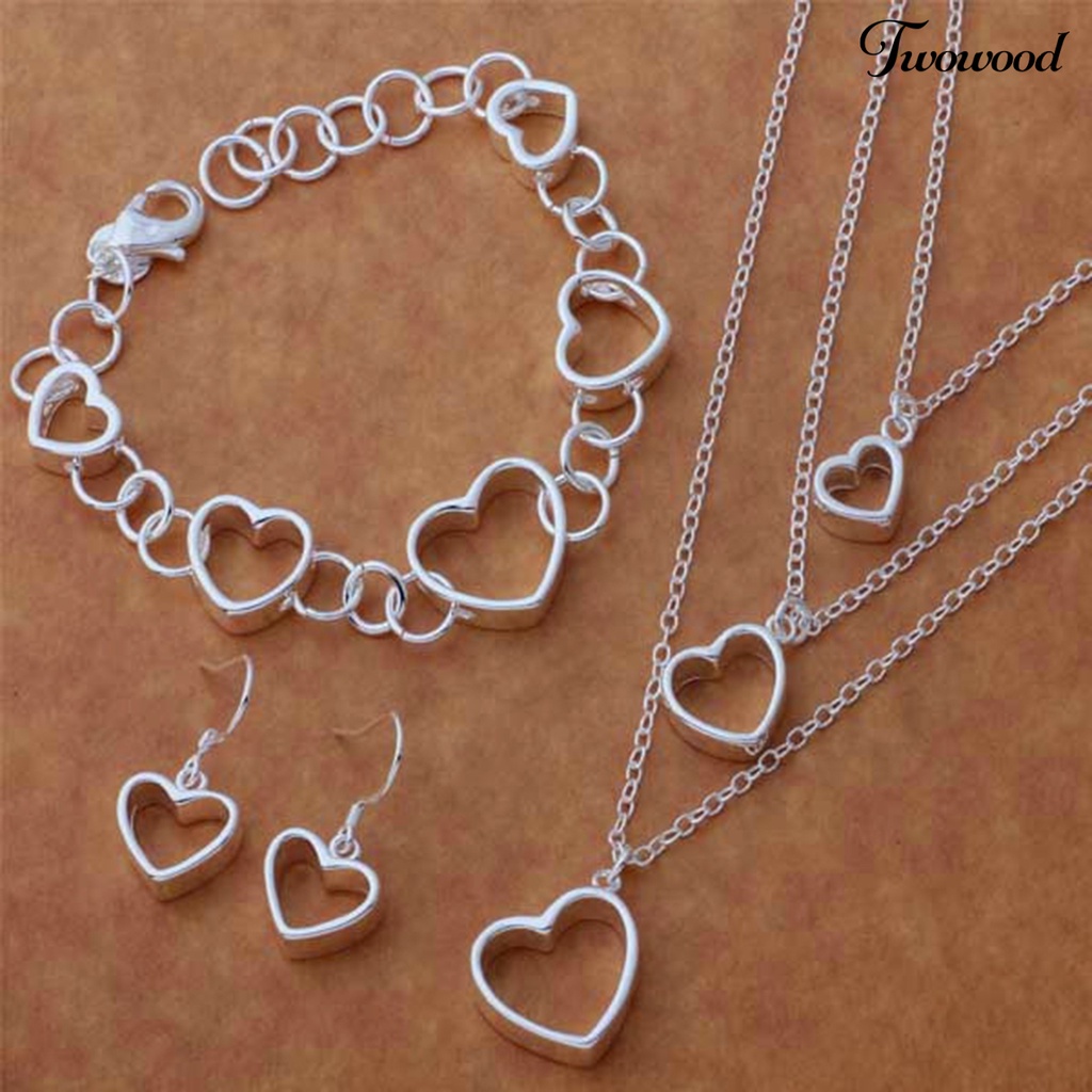 Twowood 3Pcs/Set Wanita Set Perhiasan Semua Pertandingan Pengerjaan Halus Menarik Trendi Indah Dress Up Alloy Bentuk Cinta Kalung Gelang Anting Hadiah Anniversary