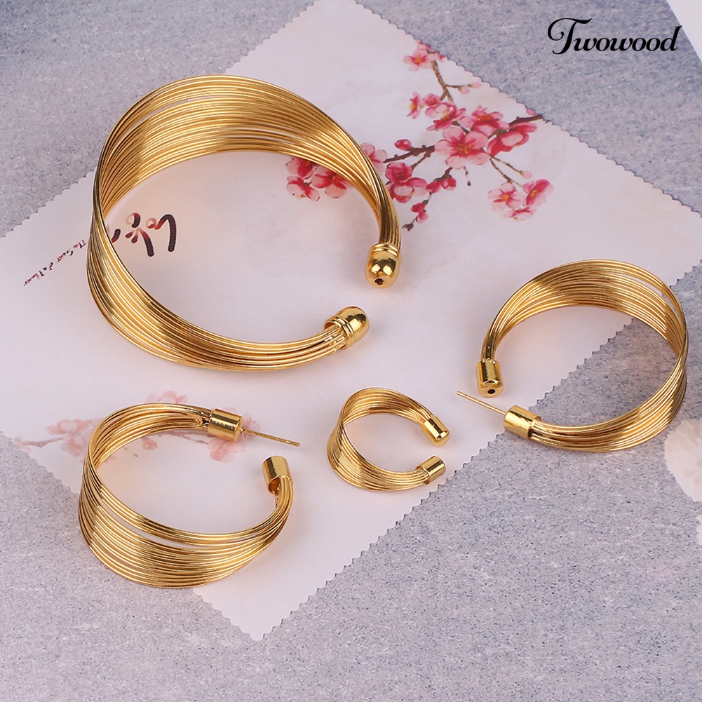 Twowood 4Pcs/Set Exotic Nigeria Bridal Lingkaran Kalung Anting Gelang Cincin Perhiasan