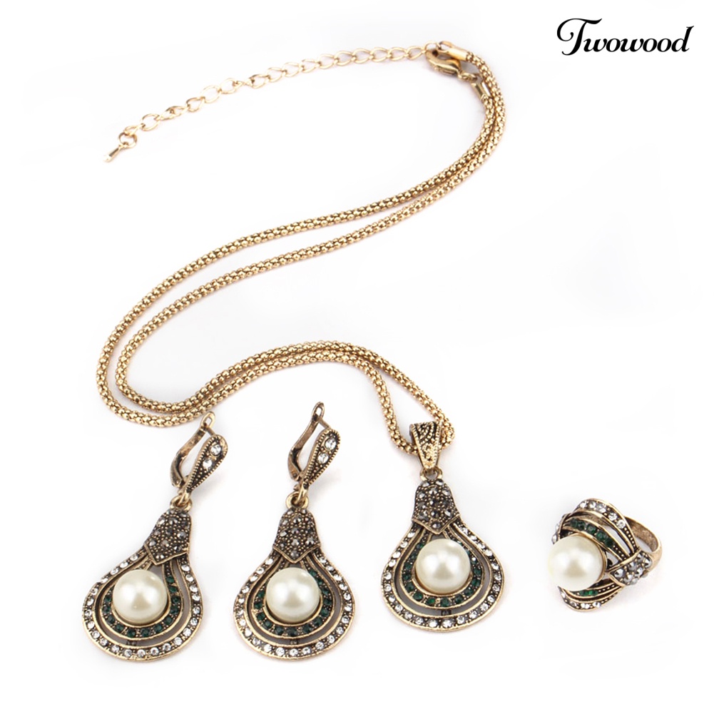 Twowood Gaya Turki Bridal Mutiara Imitasi Kalung Cincin Anting Set Perhiasan Hadiah Pesta