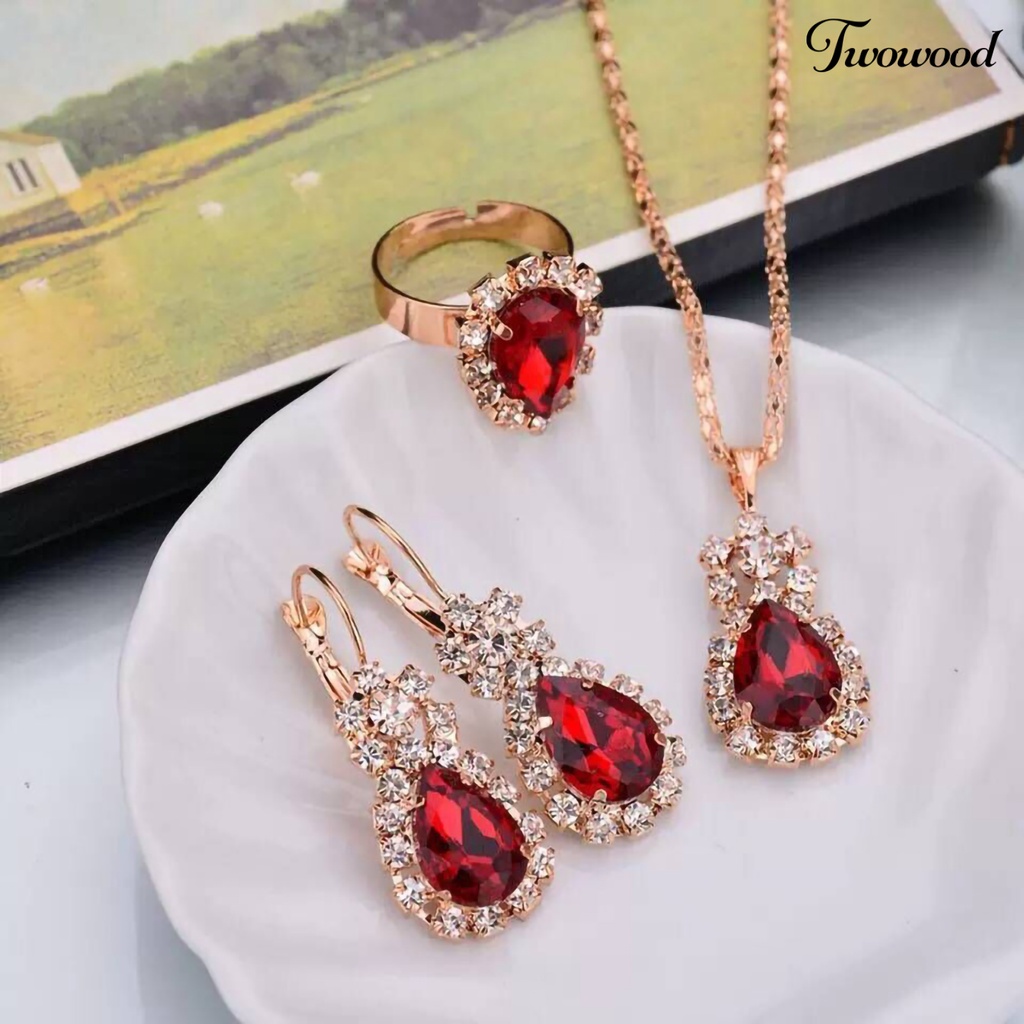 Twowood 3Pcs/Set Klip Telinga Warna Cerah Paduan Kalung Anting Cincin Set Tetesan Air Berlian Imitasi Liontin Kalung Anting Cincin Perhiasan Aksesori