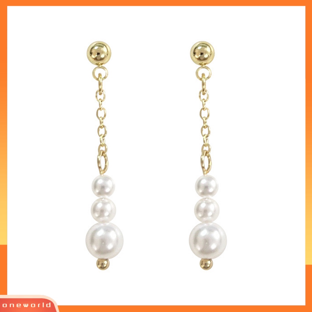 [OWR] 1pasang Anting Pejantan Dainty Elegan Golden Hypoallergenic High Gloss Mutiara Imitasi Rumbai Menjuntai Anting Fashion Perhiasan