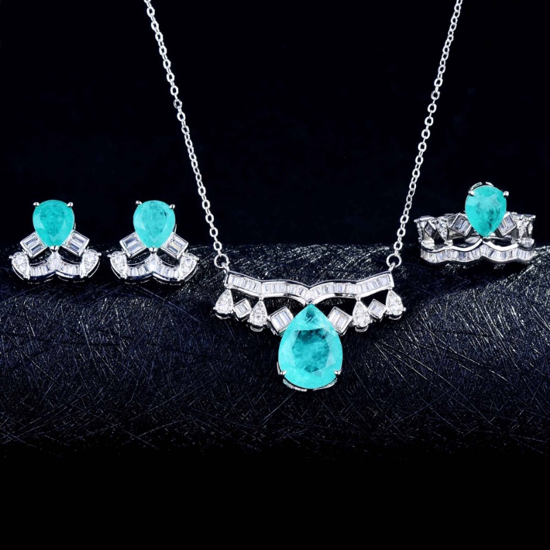 Goldkingdom Aksesoris Perhiasan Fashion Ready Stock Paraiba Set Mewah Penuh Berlian Mahkota Kalung Berbentuk Pir Anting Pejantan