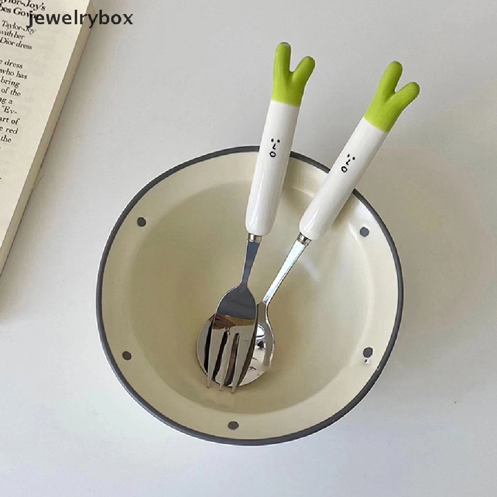 [jewelrybox] Lucu Kartun Hijau Bawang Stainless Steel Keramik Peralatan Makan Keluarga Sendok Dan Garpu Butik