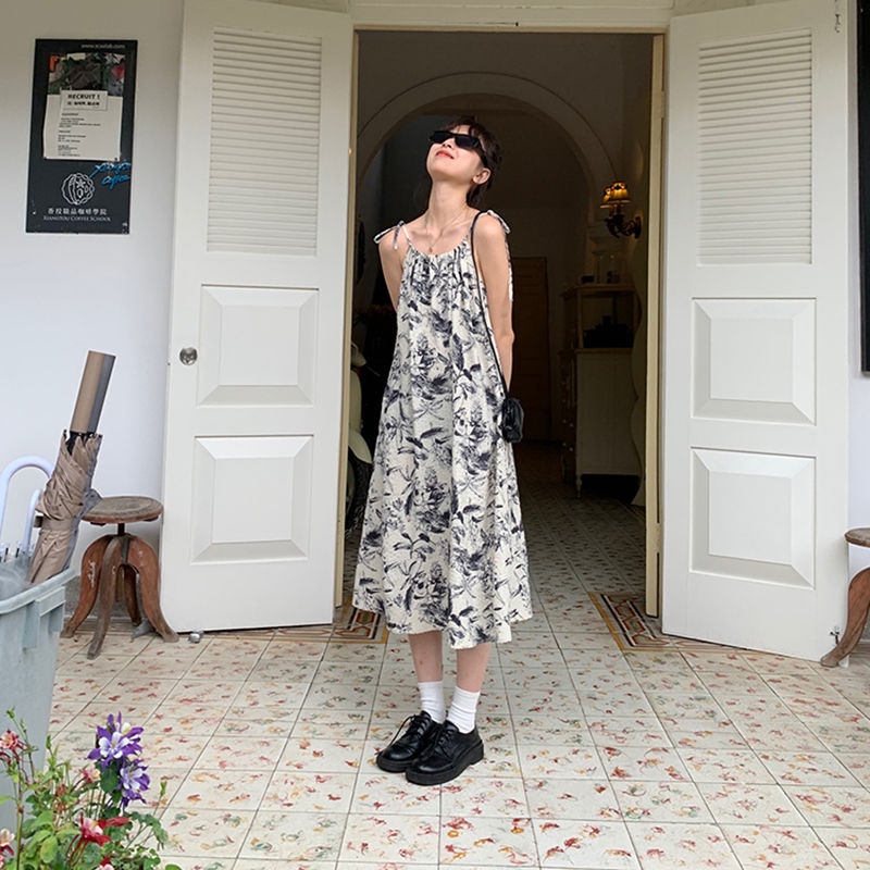 Red Baru musim panas liburan pantai pantai rok wanita ceruk retro cetak suspender rok mid-length gaun longgar