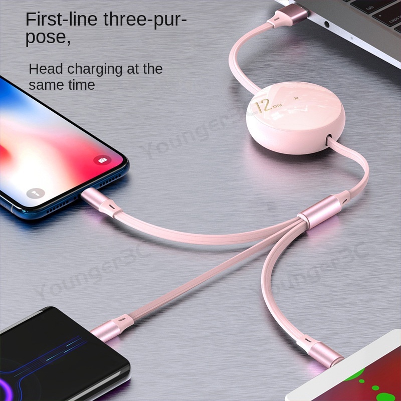 120w Kabel Pengisian Super Cepat 3in1 Charger Telepon Yang Dapat Ditarik 1M Extendable Charging Cord Untuk ios Tipe C Android