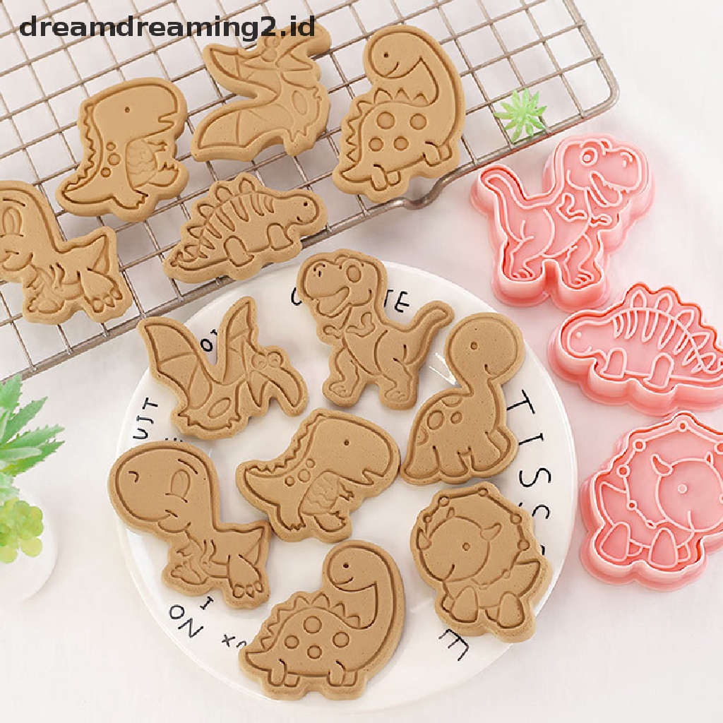 (hot) 8pcs/set Kartun Dinosaurus Cookie Pemotong 3D Plastik Pressable Biskuit Cetakan Cookie Stamp Dapur Baking Pastry Bakeware Alat Perlengkapan Baking DIY//