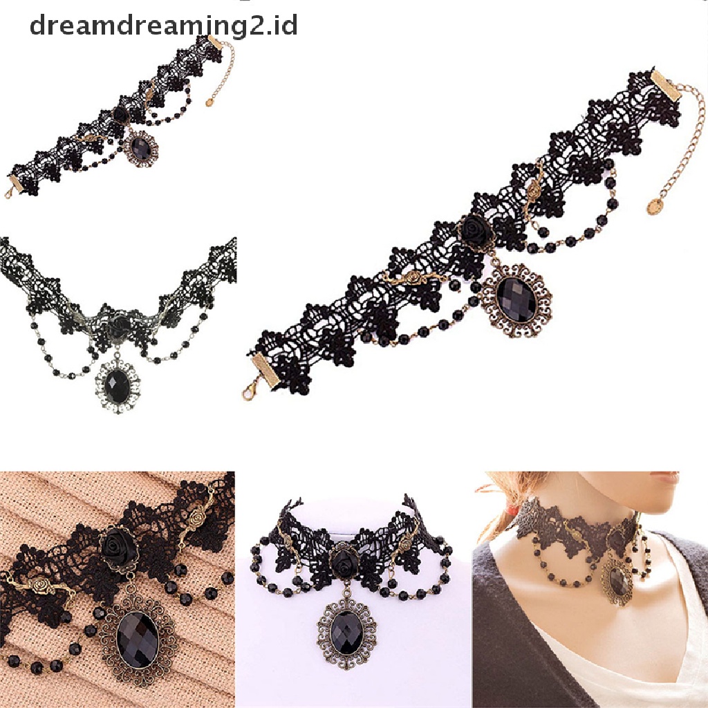 (hot) Fashion Lolita Gothic Hitam Bunga Mawar Renda Choker Kerah Kalung Beads Chain//