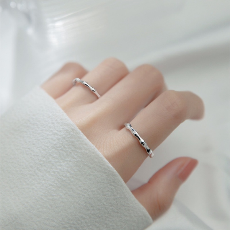 We Flower Glossy S925 Perak Bambu Bersama Terbuka Cincin Untuk Wanita Gadis Minimalis Geometris Rings Adjustable Finger Cuff Perhiasan Aksesoris