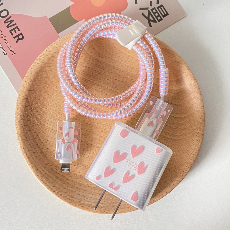 Cinta Hati Tahan Lama Lembut TPU Tahan Debu Winder Cord Case Lucu Girly INS Kabel Pengisian Pelindung Kepala Kompatibel Untuk Apple 18W/20W Fast Charger