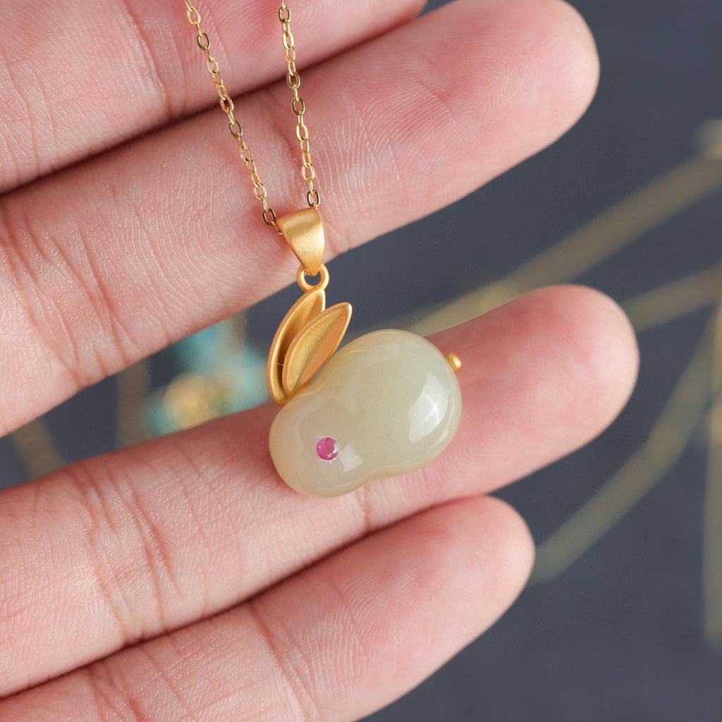 Goldkingdom Fashion Perhiasan Aksesoris Ready Stock Giok Kelinci Set Alami Hotan Giok Giok Giok Cincin Dengan Giok Pith Kelinci Kecil Kalung Kelinci Lucu Ear Nail Pendant