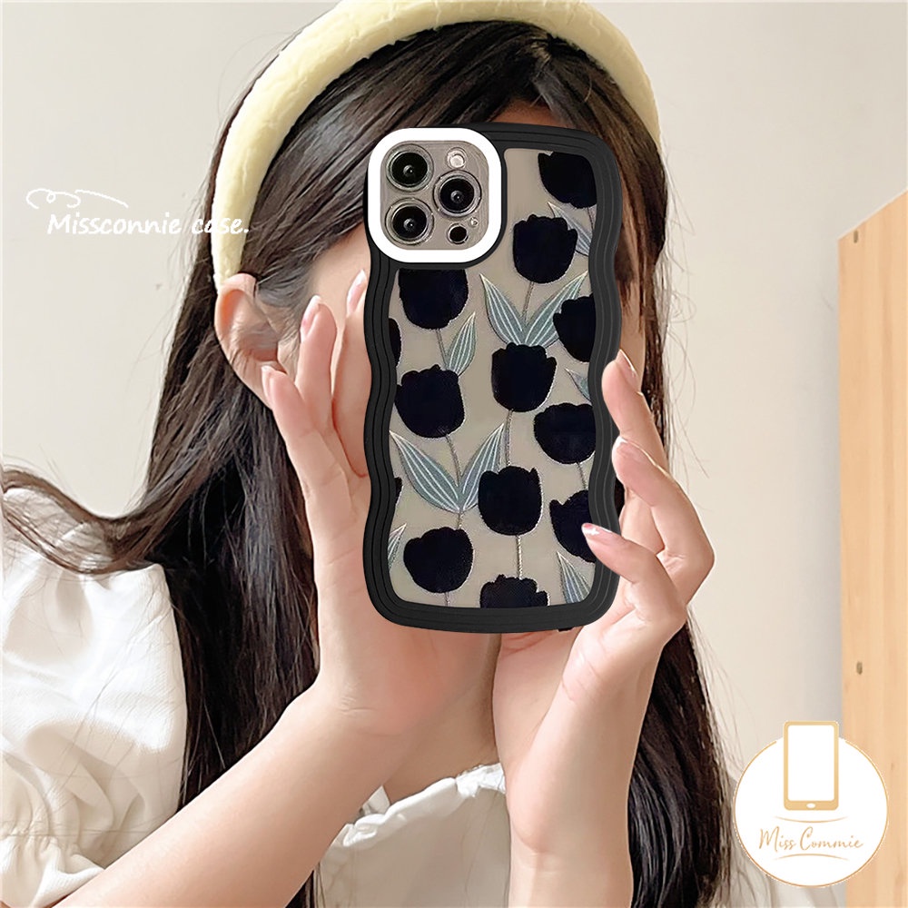 Casing Bunga Tulip Retro Infinix Note12 12Pro 12 G96 8 10Pro Hot 11 10 9 12 Main 11s 20s 10T 20 8 10Lite 12i Smart5 4 6 Plus Hot 10s 11s Hitam Wavy Edge Soft Cover