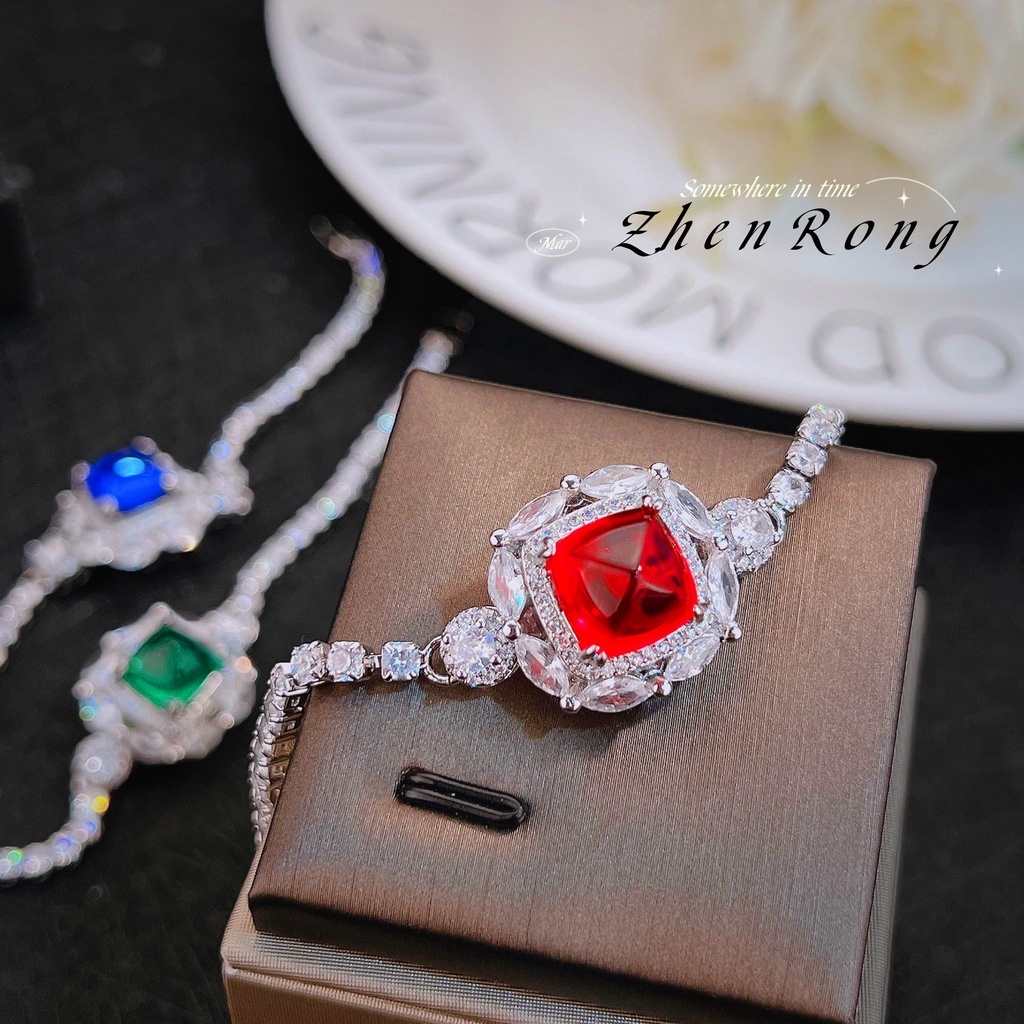 Goldkingdom Aksesoris Perhiasan Fashion Ready Stock Ruby Sugar Tower Light Mewah Colorful Treasure Gelang Royal Blue Diamond Emerald Girl