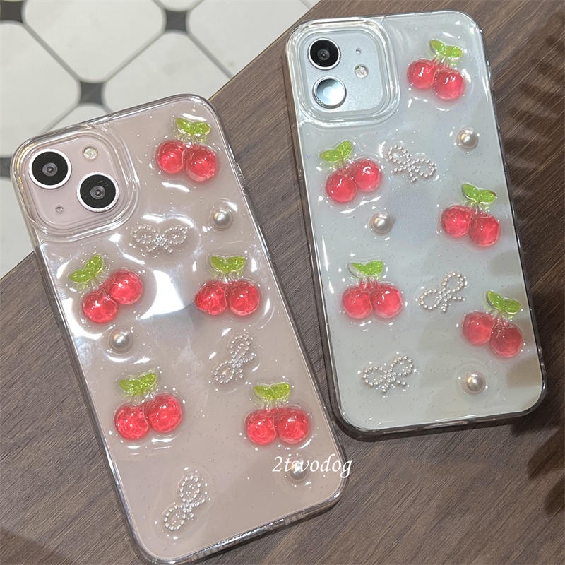 Casing Ponsel Epoxy Cherry Buah Glitter 3D Untuk iPhone 14 13 12 11 Pro MAX Plus Mini Bening Lucu Lembut TPU Cover Untuk iPhone X XS MAX XR 7 8 Plus SE 2022 2020 14Plus 13Mini 12Mini