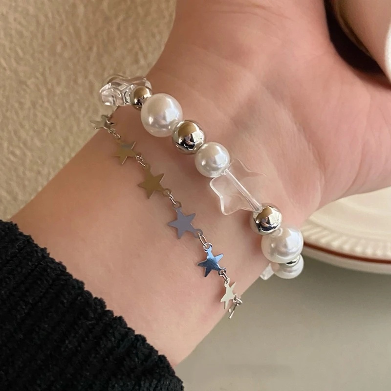 Korea Mini Mutiara Yang Indah Bintang Berujung Lima Rantai Gelang Ganda Vintage Perancis Perak Gelang Aesthetic Pesona Perhiasan Mewah Gelang Manis Elegan Untuk Perempuan