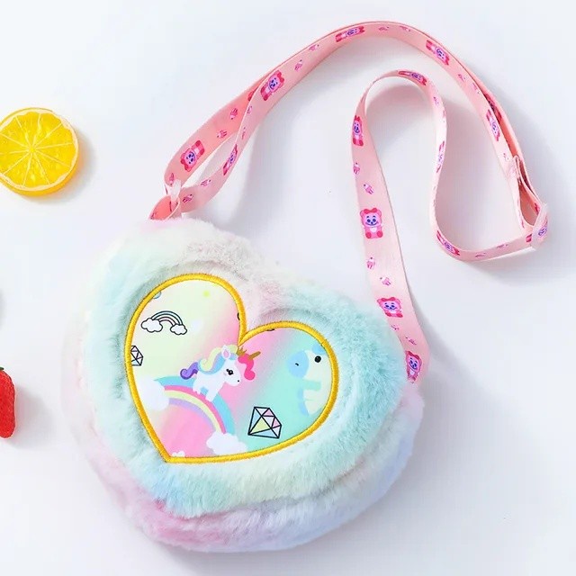 Tas Selempang Unicorn Anak Bulu Halus Sling Bag Cewek Kado Love Karakt