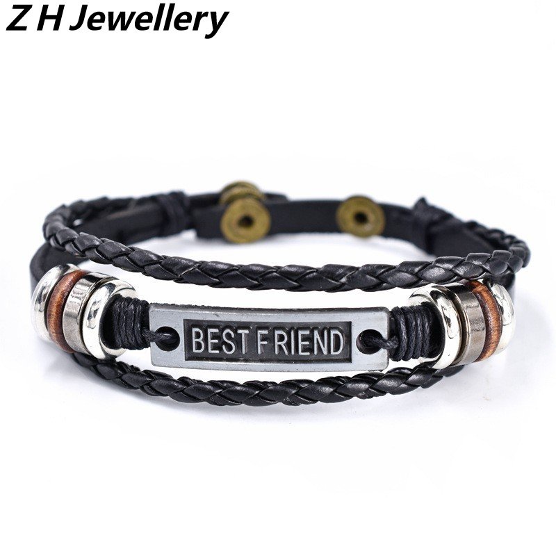 [Z H Perhiasan] Vintage bestfriend Kulit Asli Gelang Pria Dan Wanita Fashion Stainless Steel Multilayer Manik-Manik PU Gesper Gelang Punk Pesta Rock Perhiasan Aksesoris