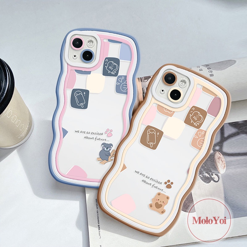 IPHONE Casing Ponsel Kompatibel Untuk Iphone11 6s 7 8 6 14 Plus 13 14 12 Pro MaxX 7Plus XR XS Max SE 2020 Lucu Kartun Beruang Pasangan Wavy Edge Soft Tpu Plaid Ice Cream Cover