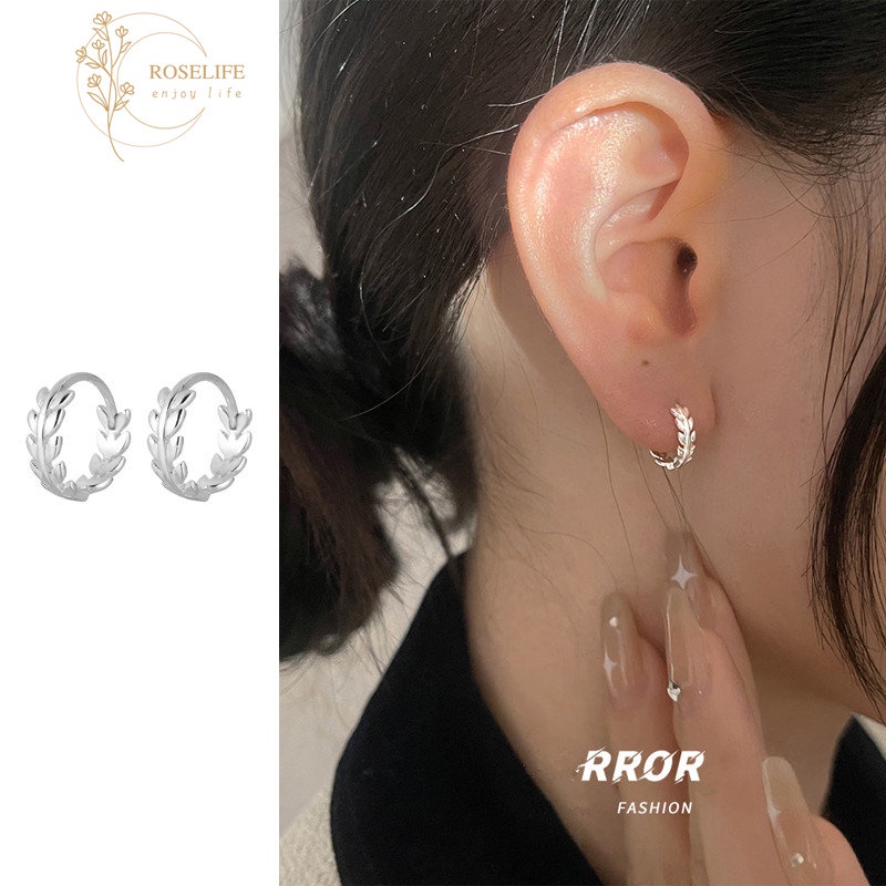 Roselife Halus s925 Perak Bulat Daun Hoop Anting-Anting Untuk Wanita Gadis Korea Cabang Lingkaran Anting-Anting Kasual Pakaian Sehari-Hari Telinga Perhiasan Aksesoris