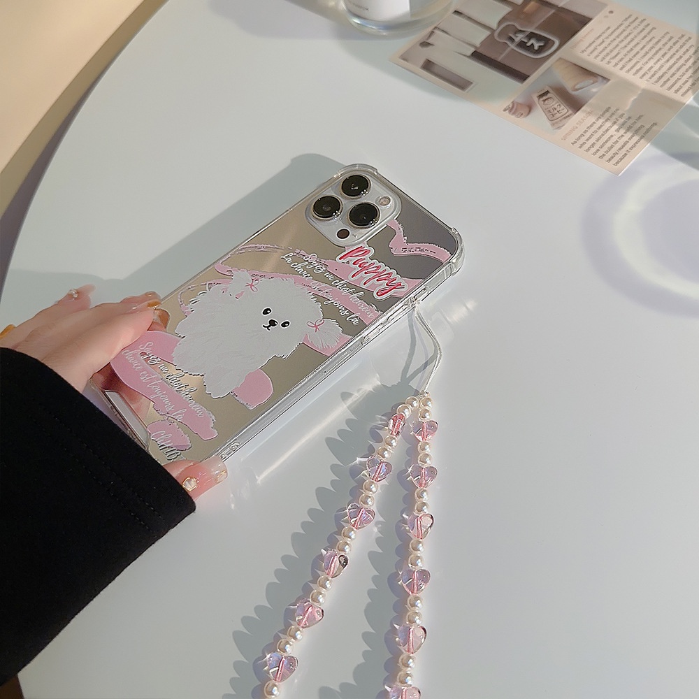 Ins Lucu Kepang Anjing Kartun Make Up Cermin Silikon Case Dengan Rantai Untuk Iphone SE 2020 7 /8 Plus 14x XR XM 11 12 MINI 13 PRO MAX Casing Cover Pelindung AT0164