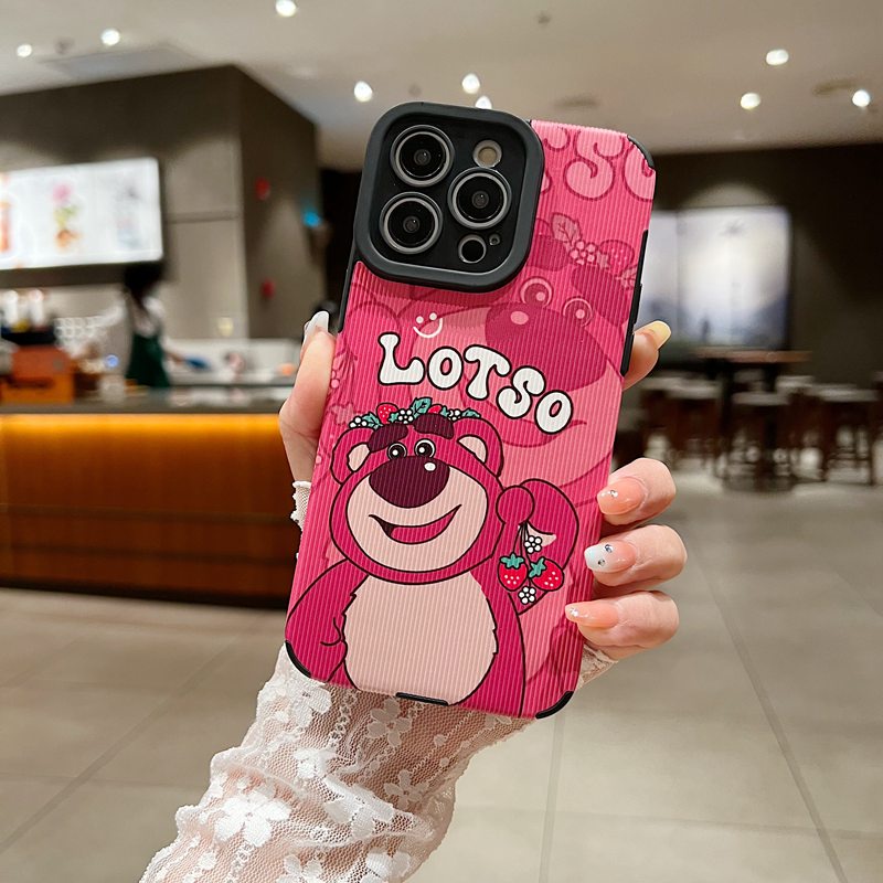 【Lamb Skin】So Cute LOTSO Strawberry Bear Leather Soft Case for IPhone 7 Plus 8 Plus X XS XR XS Max 11 13 12 14 PRO Max 14 Plus for Girl Women's Gift Red