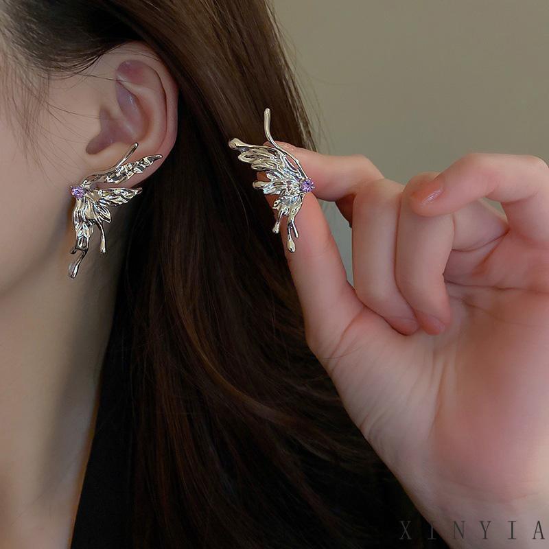 【Bayar di tempat】 Asimetris Zirkon Ungu Rasa Desain Logam Cair Biokimia Anting Kupu-Kupu Earrings