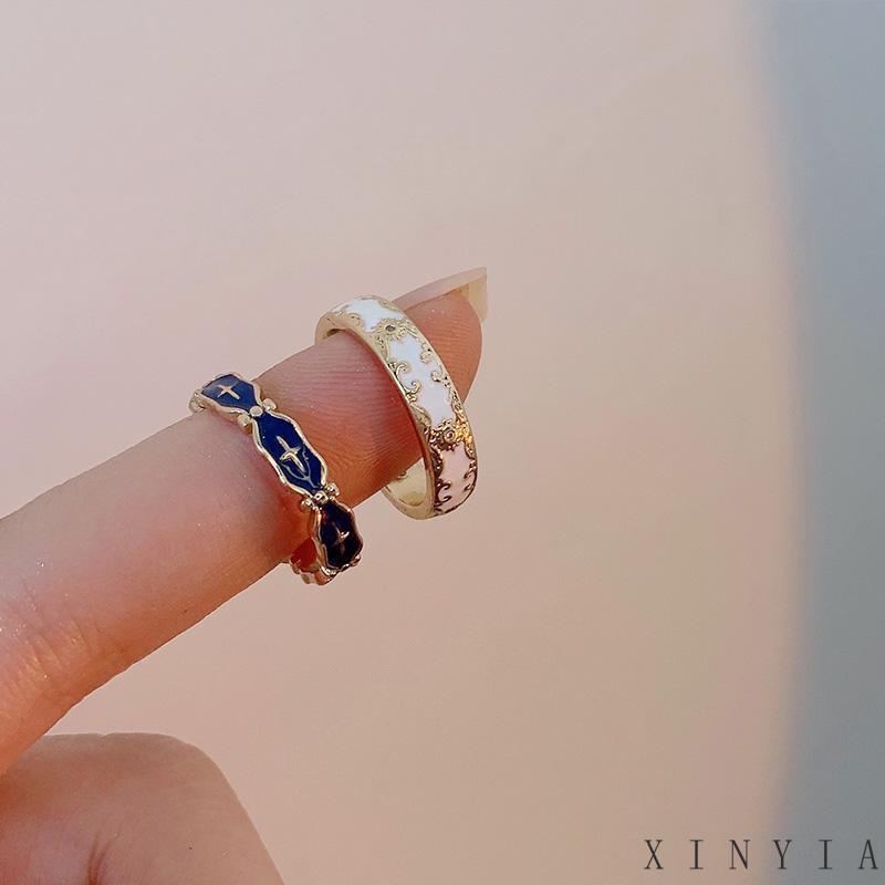 【COD】Cincin Wanita Pola Putih Fashion Vintage Ins Temperamen Korea Cincin Silang Biru