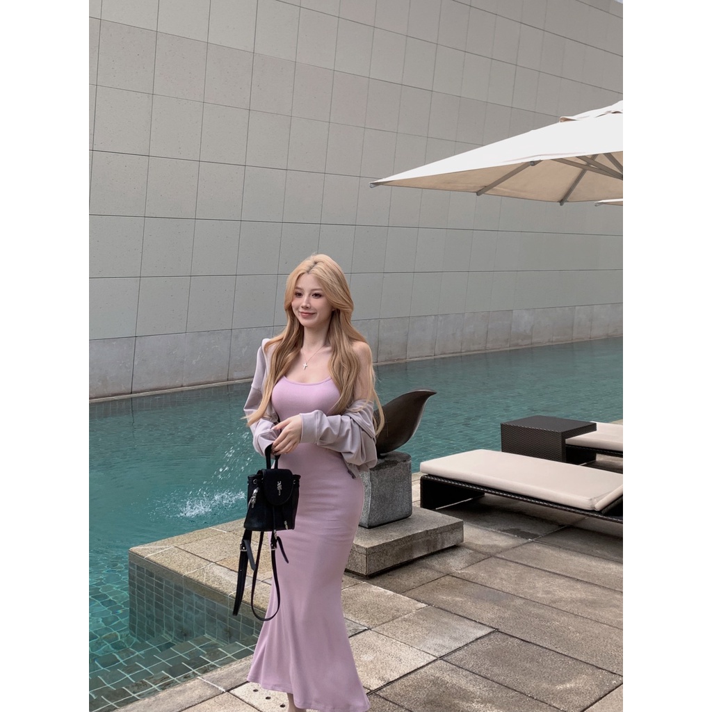 ♨☏☈Gaya perancis ungu sling dress perempuan musim panas murni keinginan angin seksi fishtail tas pinggul rok temperamen rok backless rok panjang