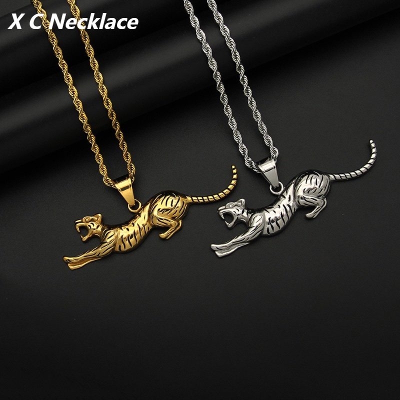 [X C Kalung] Baru Emas Pola Leopard Perak Macan Baja Titanium Liontin Punk Hip Hop Stainless Steel Kalung Hadiah Pesta Ulang Tahun Untuk Pria Dan Wanita