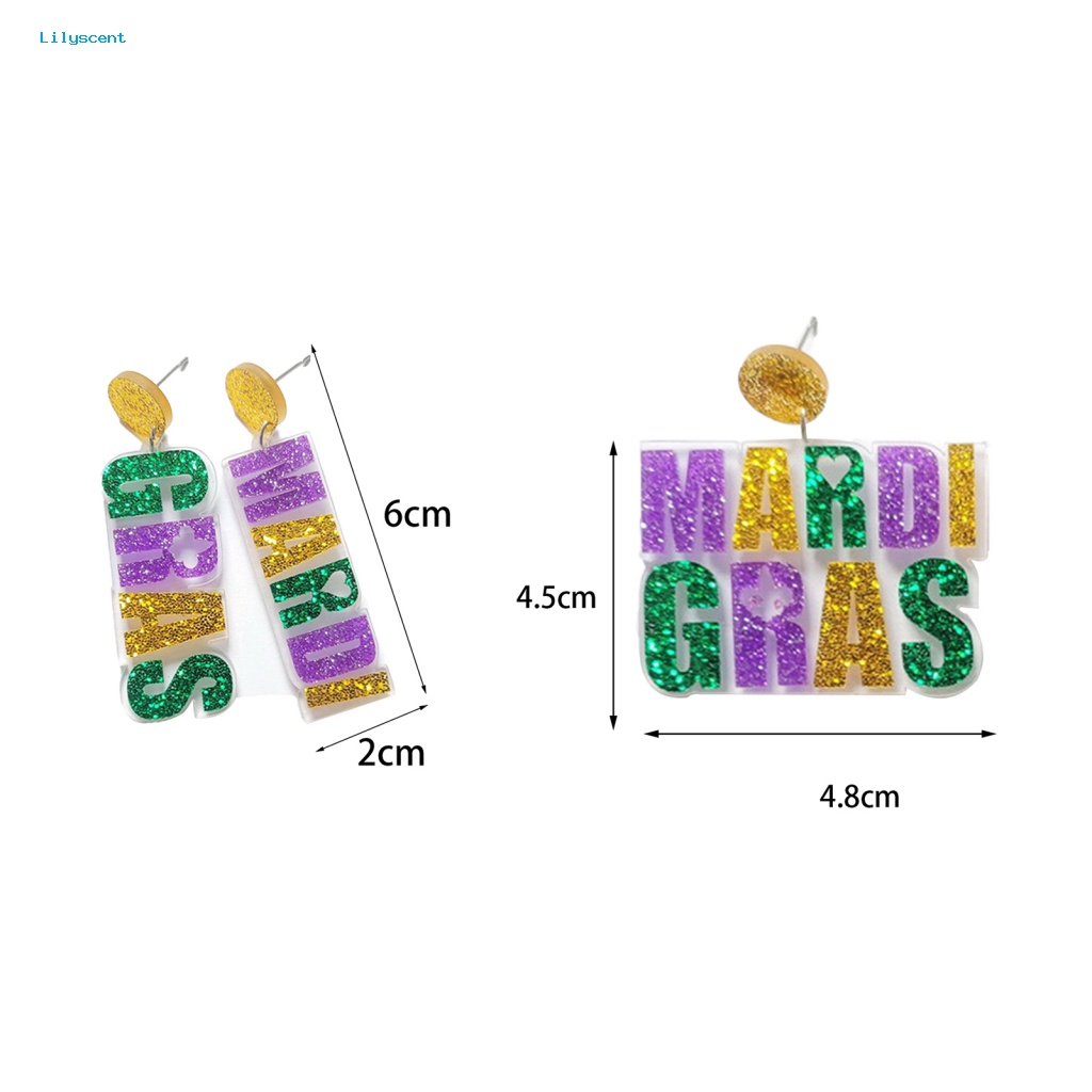 Lilyscent 1pasang Mardi Gras Indah Anting Gantung Hadiah Karnaval Berlebihan Tiga-Warna Surat Glitter Anting-Anting Bubuk Berkelap Kerlip