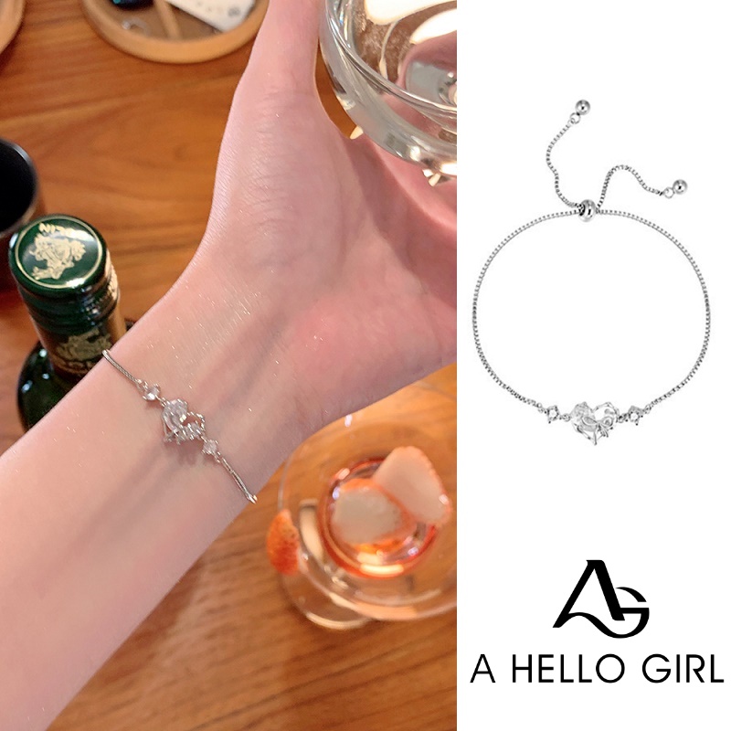 Ahellogirl Jantung Zirkon Gelang Tarik Adjustable Perhiasan Fashion Wanita