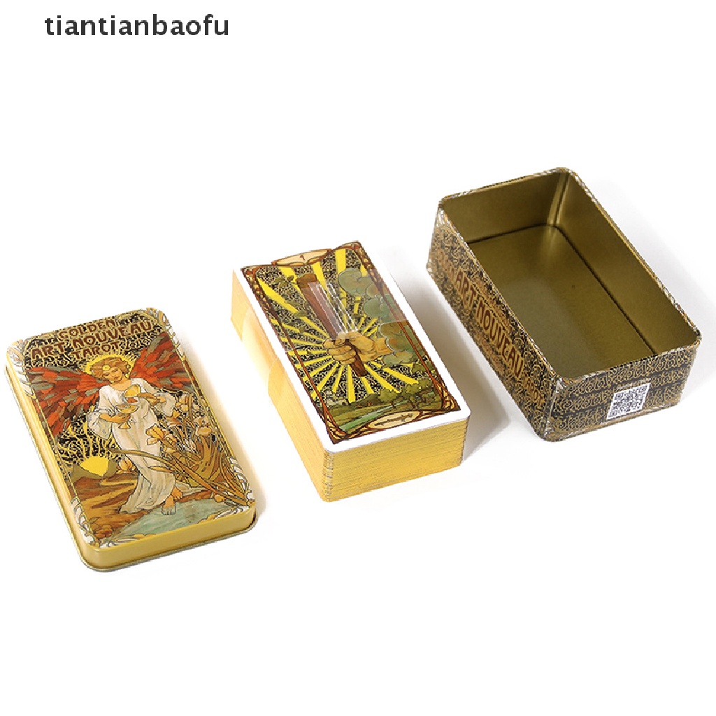 [tiantianbaofu] Tin Box Golden Art Tarot Card Ramuan Ramalan Deck Party Board Game w/Butik Manual