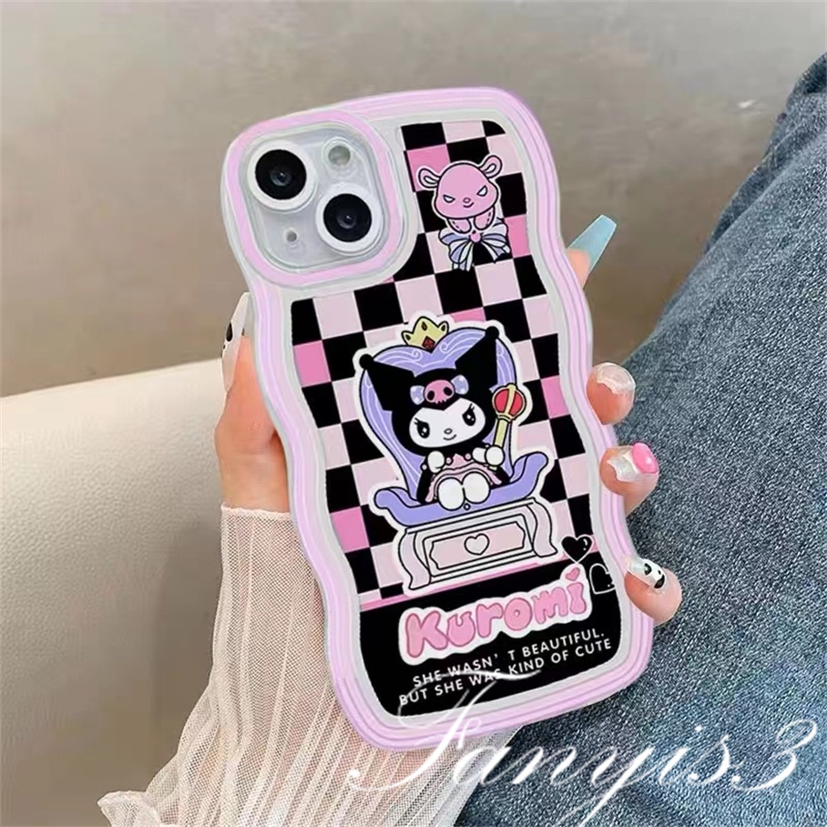 Compatible For iPhone 14 13 12 11 Pro Max X XR Xs Max 8 7 6 6s Plus SE 2020 Kompatibel Untuk Kartun Lucu Kuromi Check Wave Frame Phone Case TPU Soft Cover Pelindung Dengan Bracket