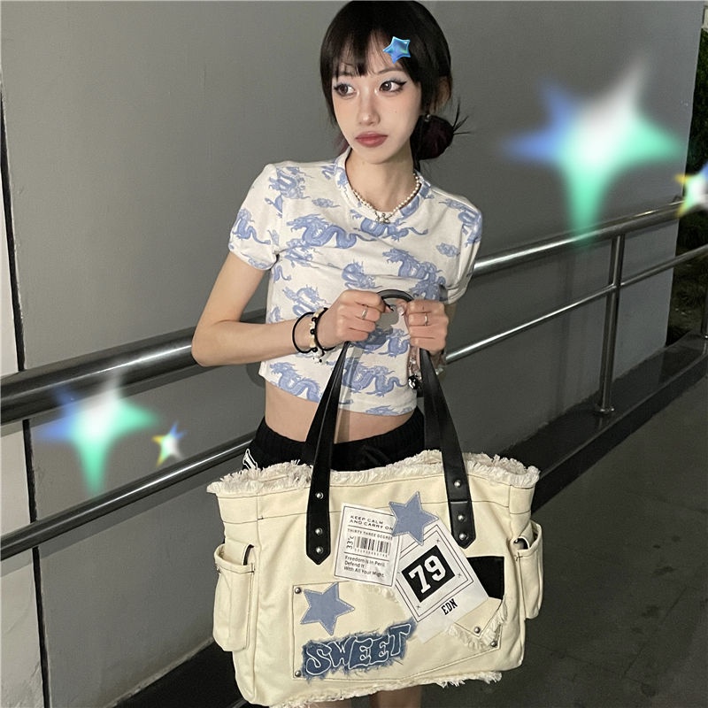 △❏Sera 2023 Original Tote Bag Star Niche Manis Keren Y2K Kapasitas Besar Kanvas Yabi Commuter Portable Tas Bahu