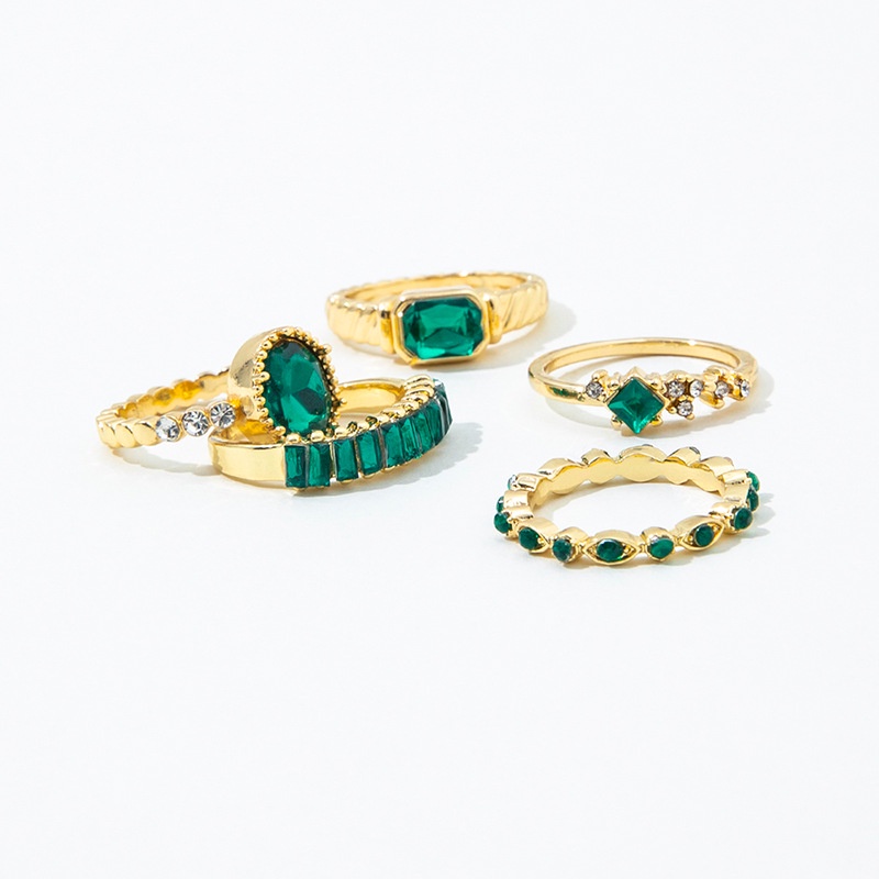 Ifyou 5Pcs/set Cincin Emas Hijau Kristal Zirkon Cincin Untuk Perhiasan Aksesoris Wanita