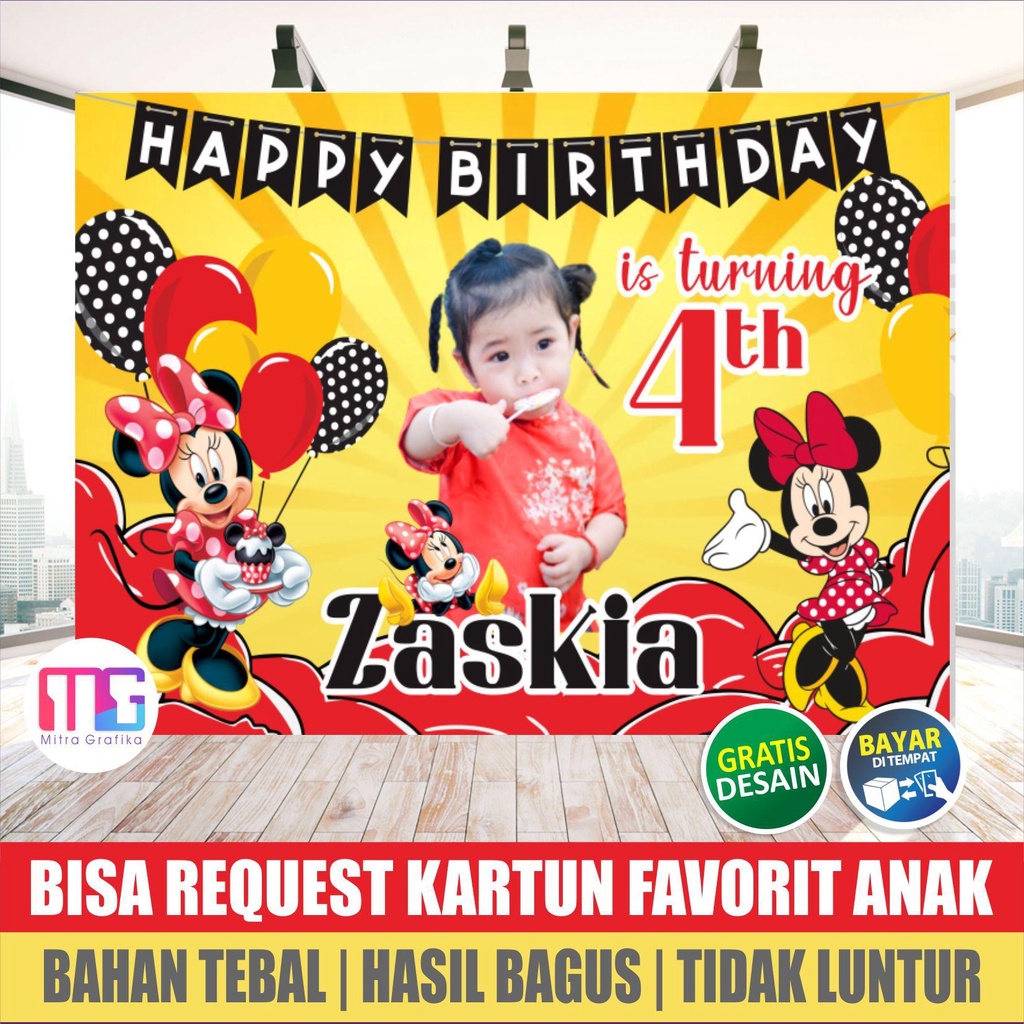 Cetak Spanduk ultah anak tema minnie mouse  / banner ulang tahun anak perempuan /backdrop perlengkap