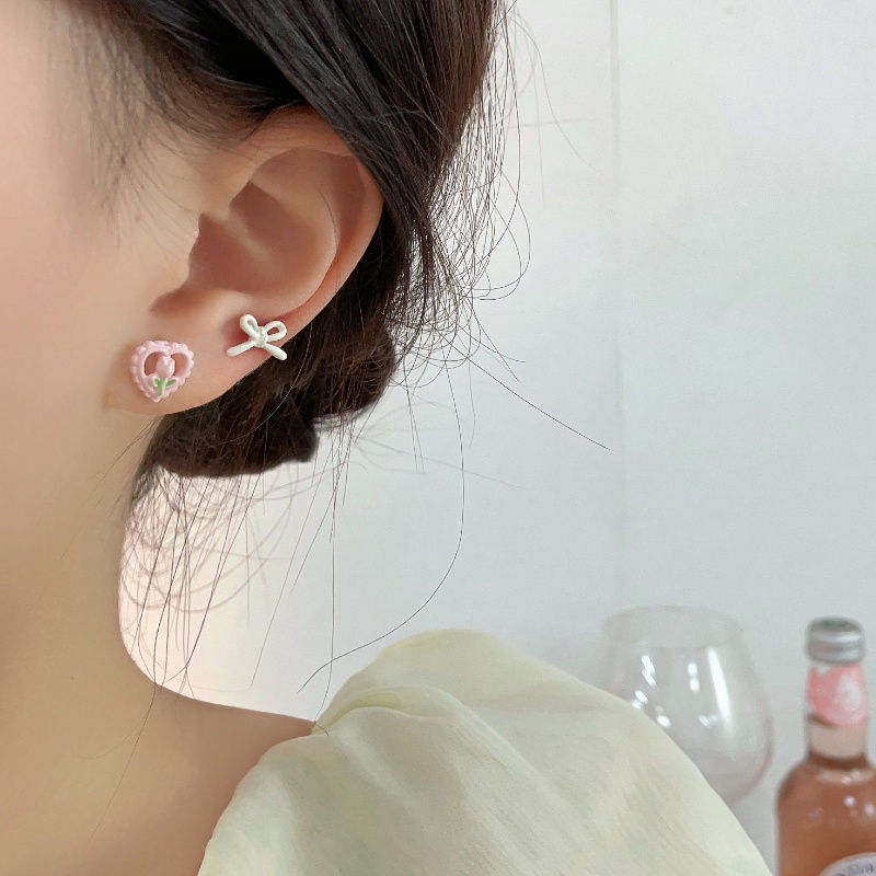 Anting Bunga Sweet Bow Heart Giwang Telinga Tulip Pink Untuk Wanita Perempuan