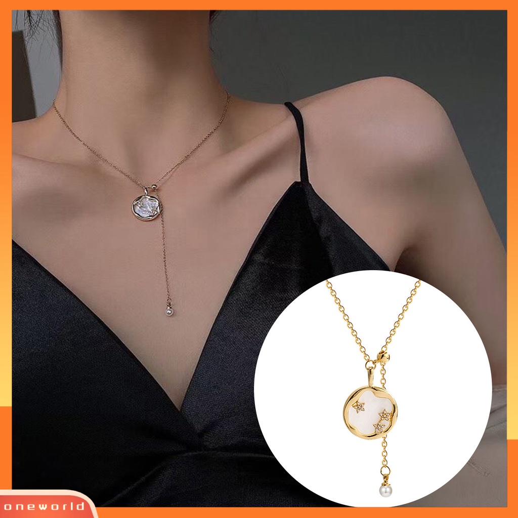 [ONE] Wanita Kalung Bulat Liontin Mutiara Imitasi Rantai Rumbai Elegan Adjustable Golden Bling Berlian Imitasi Bintang Klavikula Kalung Fashion Perhiasan