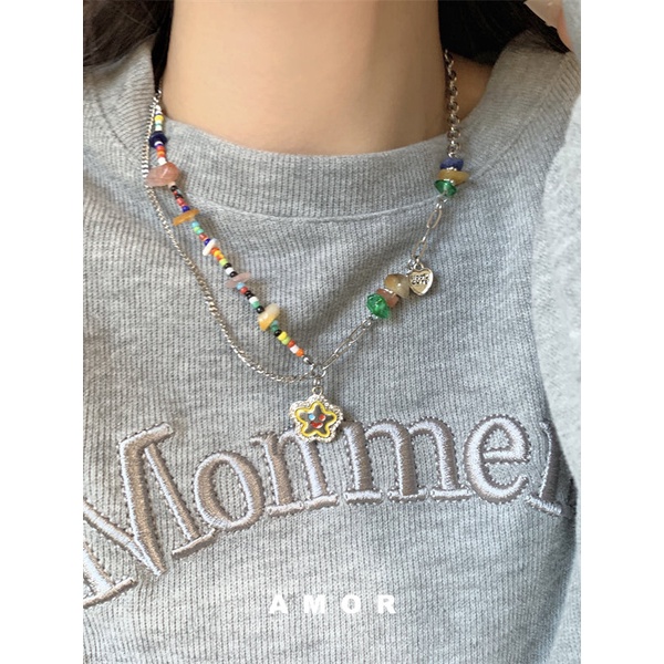 Y2k Manik-Manik Kalung Awan Wajah Tersenyum Cinta Berlian Berwarna Musim Panas Manis Keren Colorful bead lovely Niche design