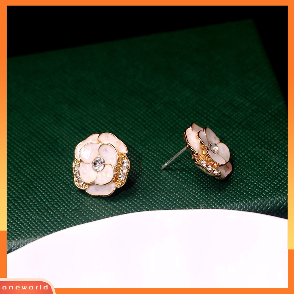 [EONE] 1pasang Ear Studs Elegan Dainty Temperamen Berkilau Berlian Imitasi Enamel Bunga Wanita Anting Fashion Perhiasan