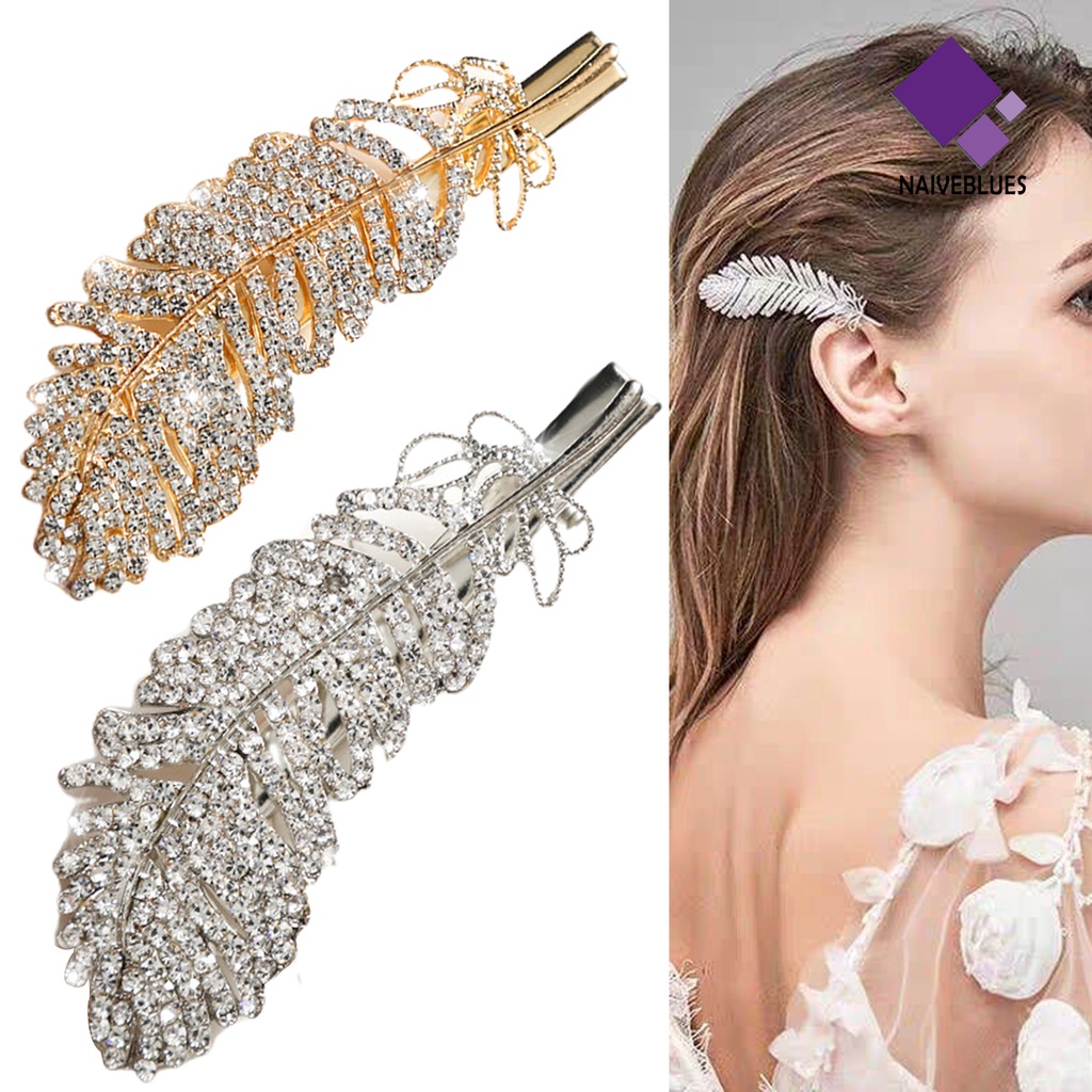 &lt; Naiveblues &gt; Jepit Rambut Bentuk Bulu Mengkilap Bahan Alloy Berlian Imitasi Jepit Untuk Pacaran
