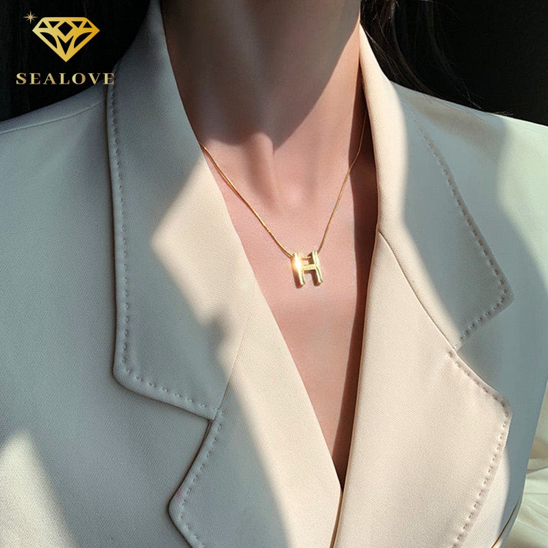 COD Kalung Titanium Wanita Simple Liontin Huruf H Anti Karat Necklace Emas 18k Perhiasan Korea