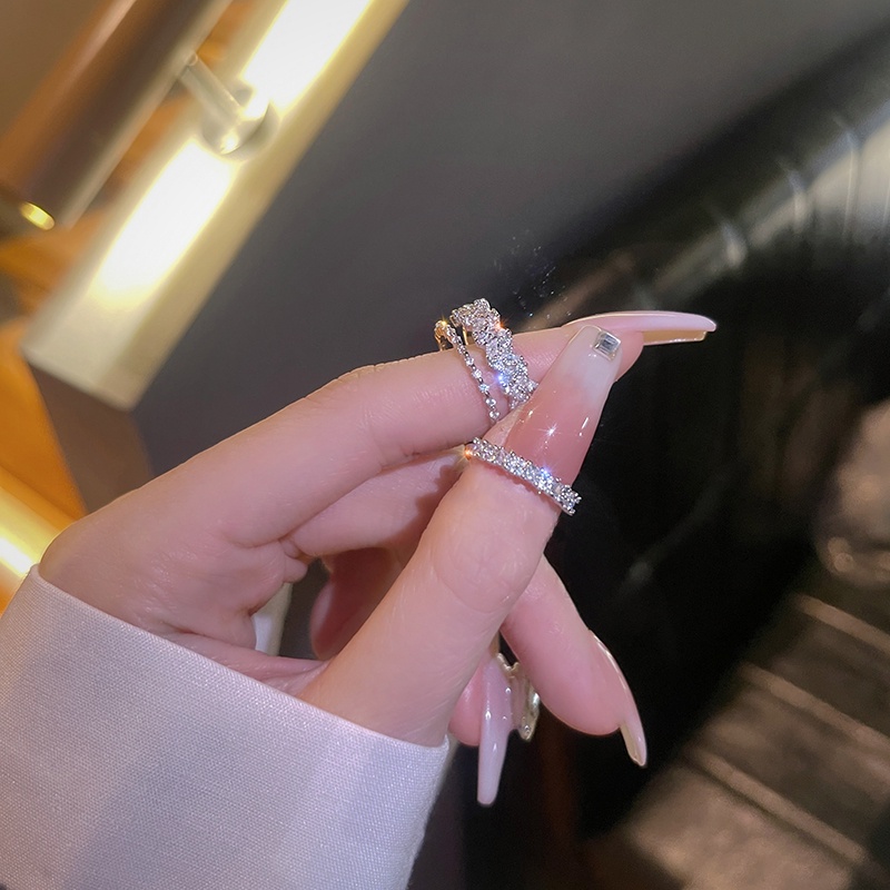 Cincin Perak Kristal Fashion Double Layer Adjustable Opening Rings Untuk Aksesoris Perhiasan Wanita