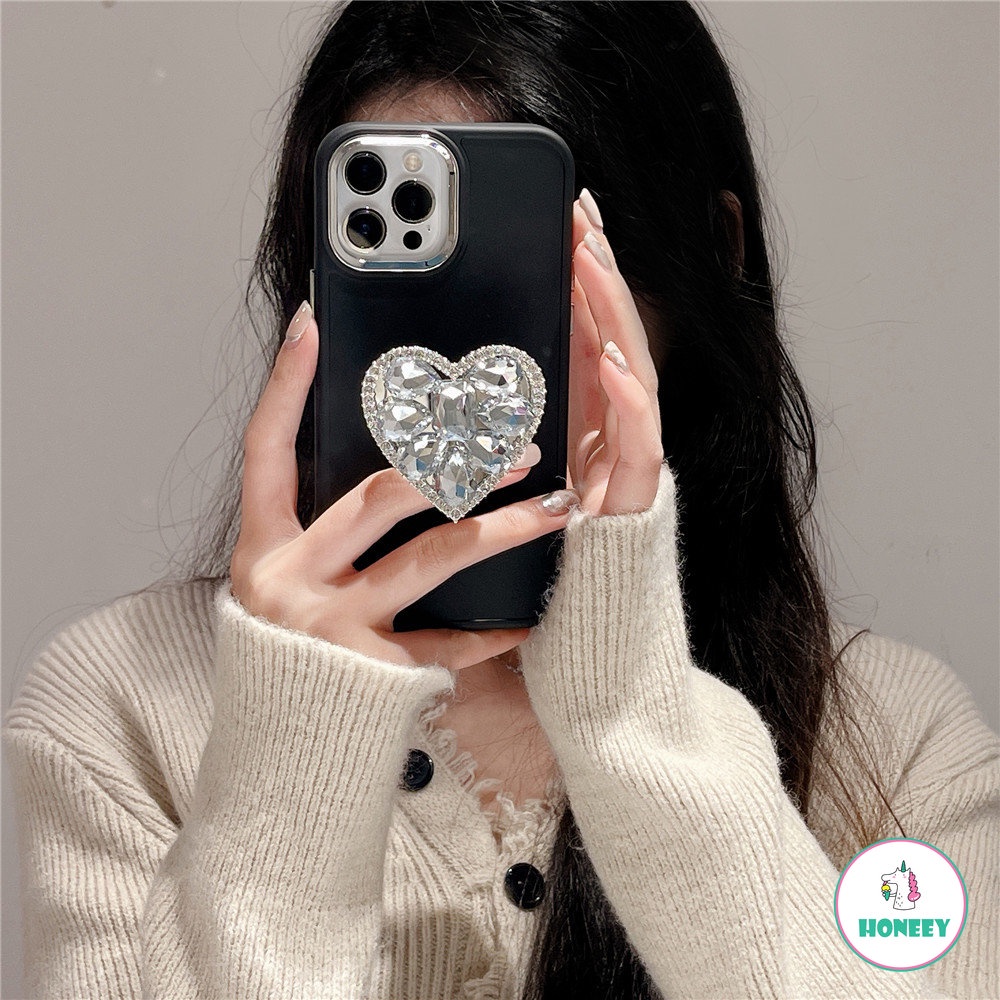 IPHONE Mewah Kristal Berlian Cinta Hati Cermin Ring Holder Stand Soft Phone Case Untuk Iphone11 13 Pro Max14 12 Pro 11 Cover