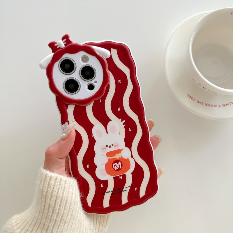 【Lamb Style】Red Wave Bunny Soft TPU Case HP iP iPhone 11 12 13 14 Pro Max 7 8 + Plus SE 2020 X XS XR Max Girl Woman FTD Casing Apple