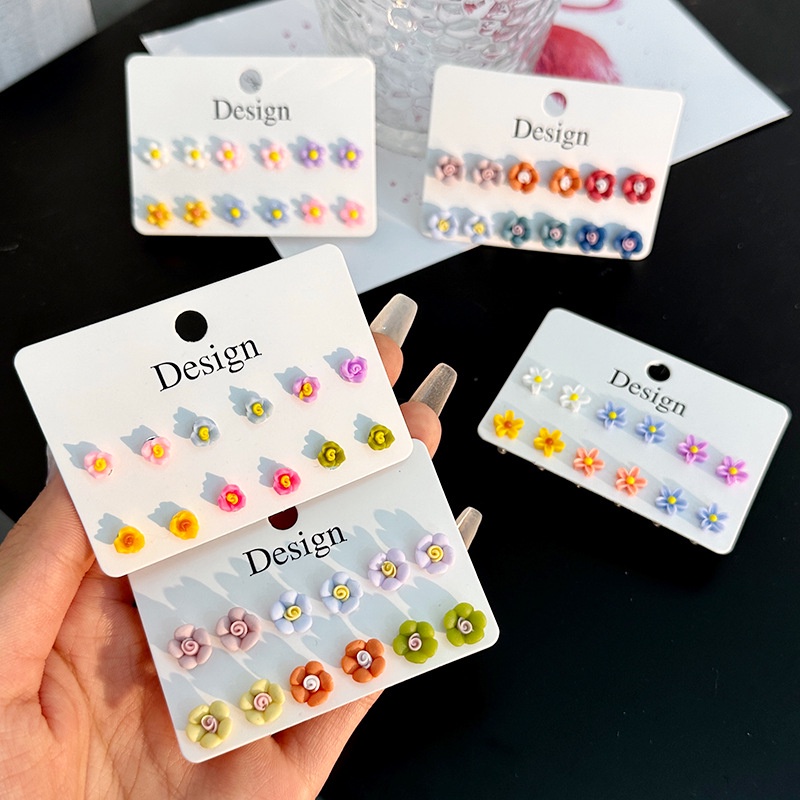 6pasang/set Anting Tusuk Simple Bunga Matahari Flower Geometric Untuk Anak Perempuan